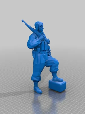 riffat-shaheen-3d-soldier-with-gun-on-shoulder-foot-on-block 3D Printed Figurine | Soldier with Rifle and Foot on Block Sculpture